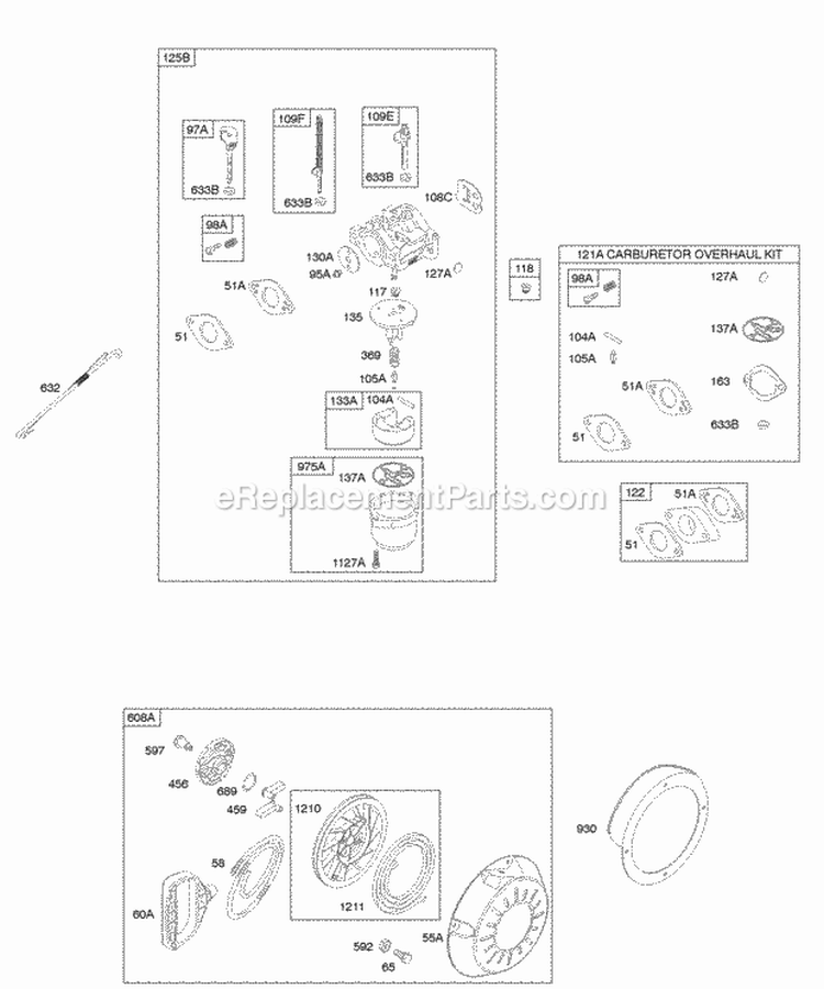 Carburetor Kit - Carburetor Overhaul Rewind Starter Diagram and Parts List for 20G412-0100-E1  Briggs and Stratton Engine